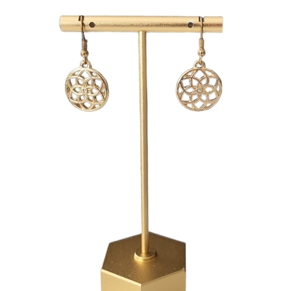 Goldtone Flower Knot Earrings Rhinestone Center - Picture 3 of 6